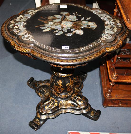 A Victorian mother of pearl papier mache tilt top table, W.70cm